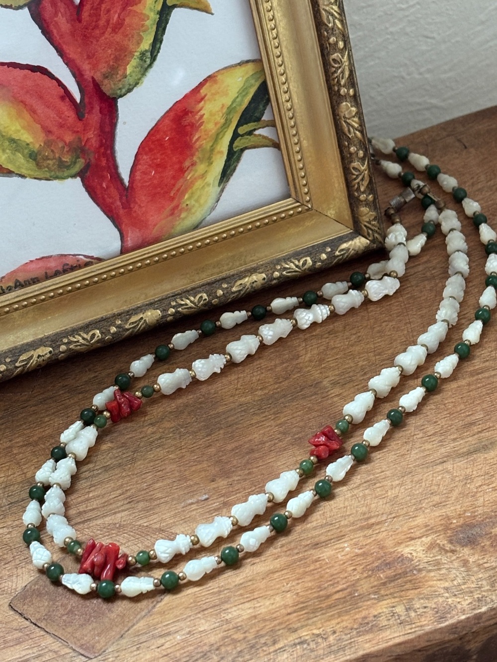 Vintage Carved Pineapple Mother of Pearl, Jade, Red Branch Coral Necklaces (2)